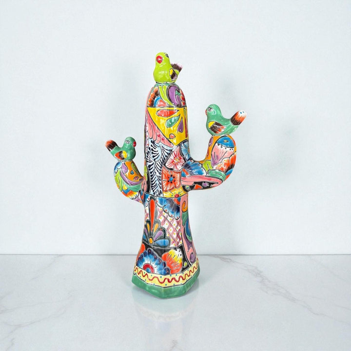 Hand Painted Mexican Talavera Cactus with Resting Birds – Free Shipping (Contiguous U.S. Only)