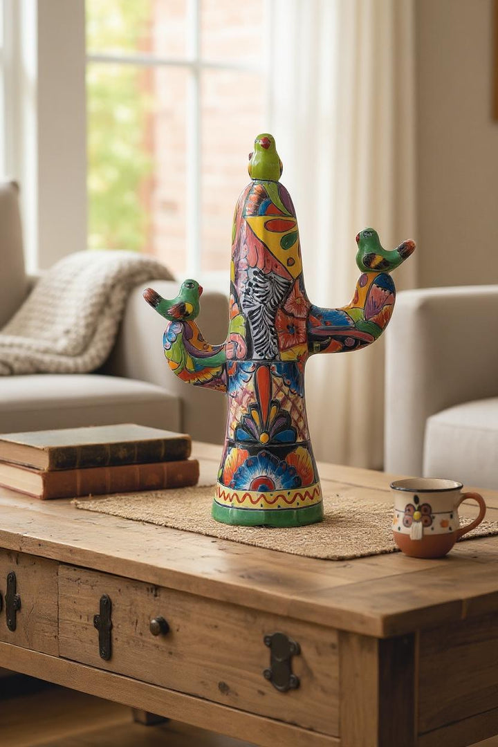 Hand Painted Mexican Talavera Cactus with Resting Birds – Free Shipping (Contiguous U.S. Only)