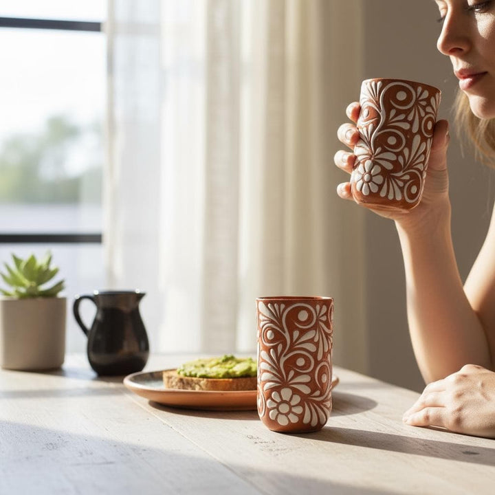 Beautiful Hand Painted Rustic Floral Terracotta Brown & White Talavera – Assorted Quantities