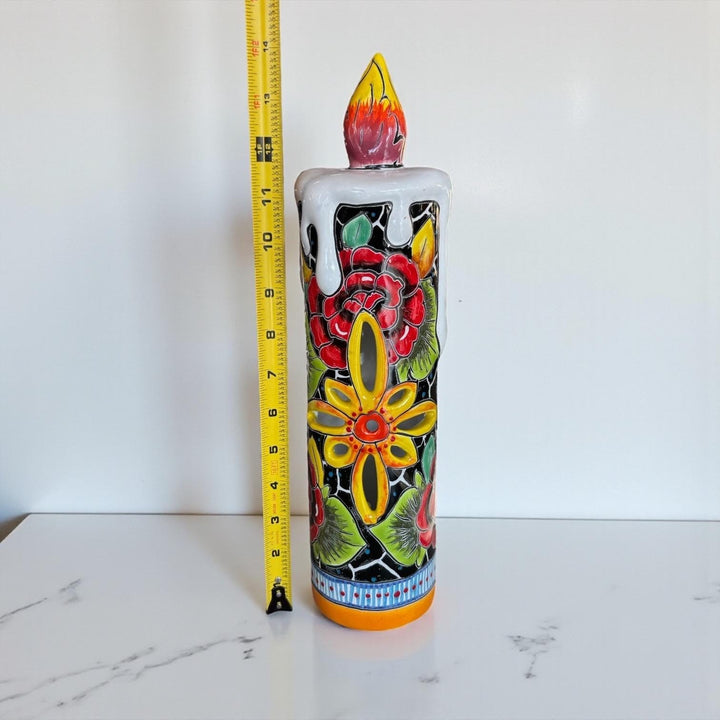 Hand Painted Mexican Talavera Snowy Rose Candle Christmas Luminary Decor