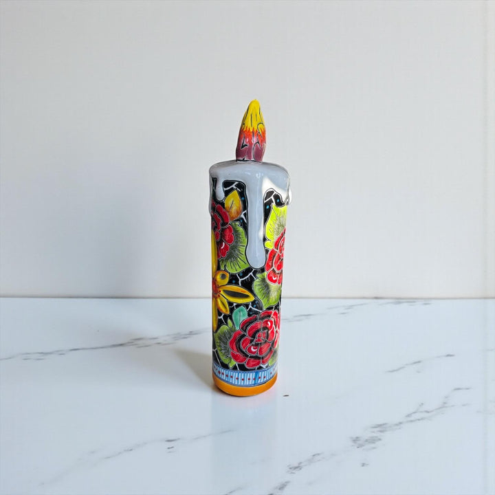 Hand Painted Mexican Talavera Snowy Rose Candle Christmas Luminary Decor