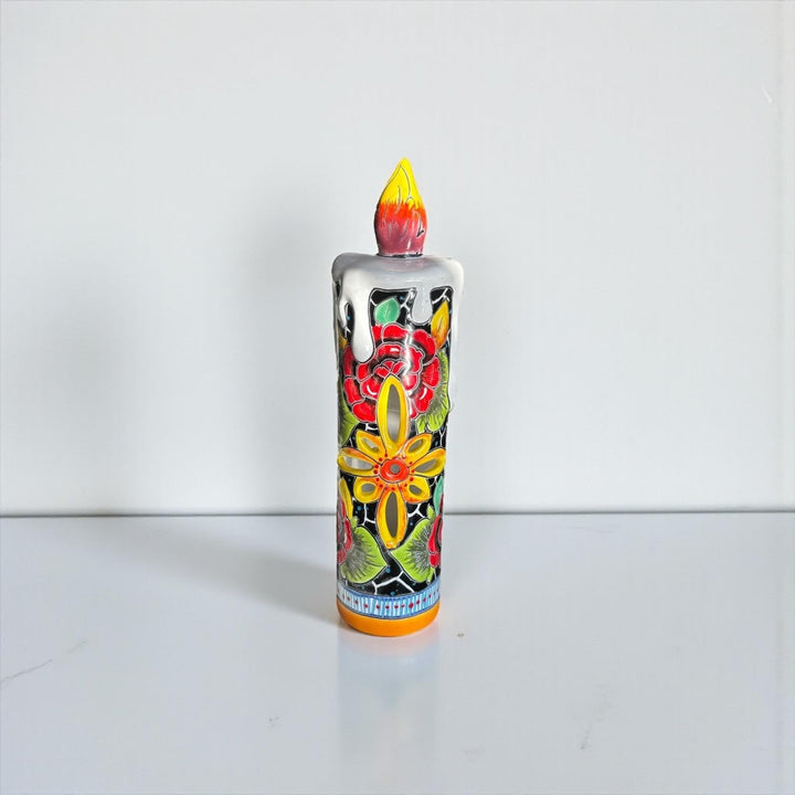 Hand Painted Mexican Talavera Snowy Rose Candle Christmas Luminary Decor