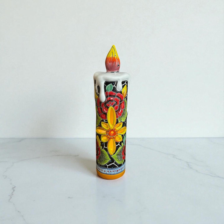 Hand Painted Mexican Talavera Snowy Rose Candle Christmas Luminary Decor
