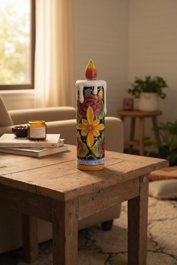 Hand Painted Mexican Talavera Snowy Rose Candle Christmas Luminary Decor