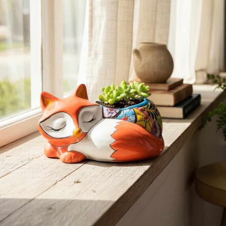 Cute Hand Painted Mexican Talavera Coral Fox Animal Planter Pot (Varying Design)