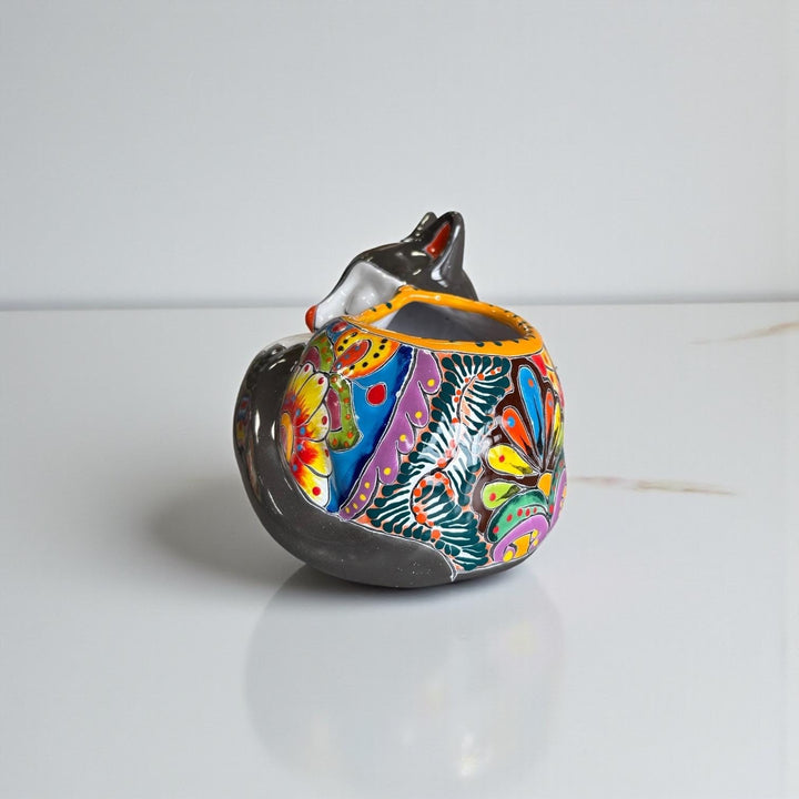 Cute Hand Painted Mexican Talavera Dark Gray Fox Animal Planter Pot (Varying Design)
