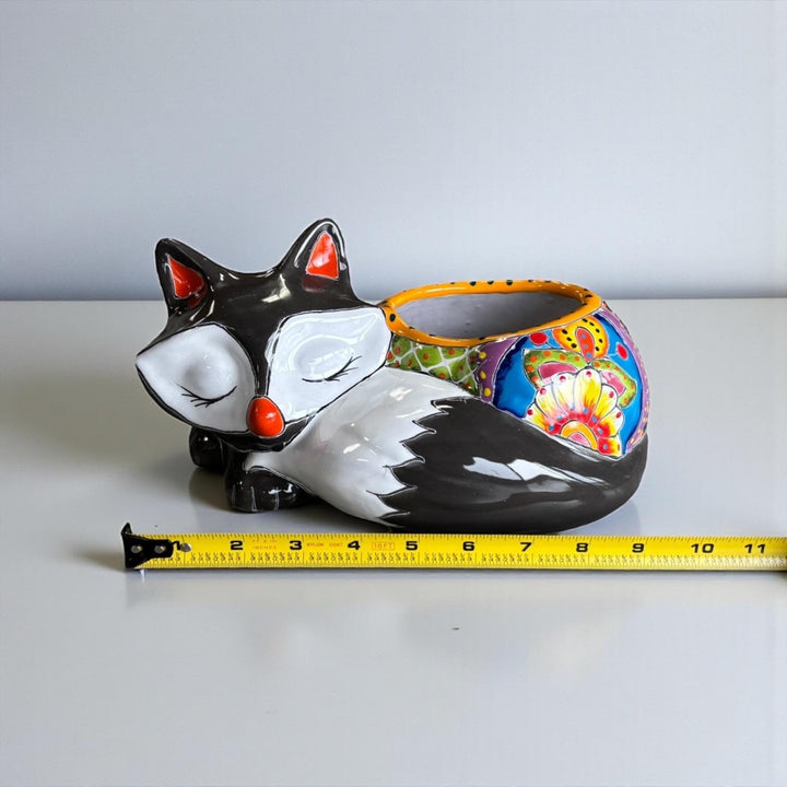 Cute Hand Painted Mexican Talavera Dark Gray Fox Animal Planter Pot (Varying Design)
