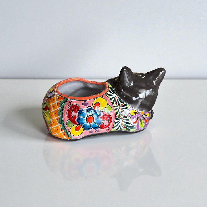Cute Hand Painted Mexican Talavera Dark Gray Fox Animal Planter Pot (Varying Design)