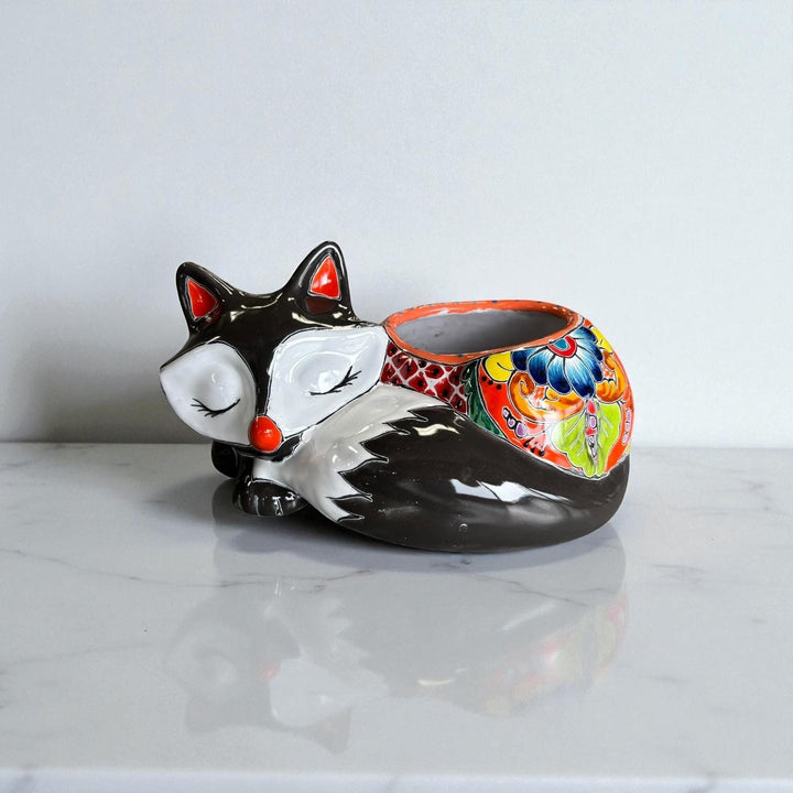 Cute Hand Painted Mexican Talavera Dark Gray Fox Animal Planter Pot (Varying Design)