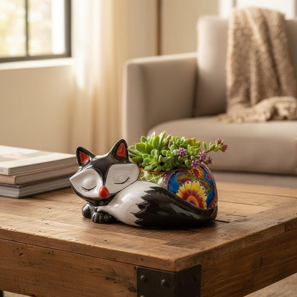 Cute Hand Painted Mexican Talavera Dark Gray Fox Animal Planter Pot (Varying Design)