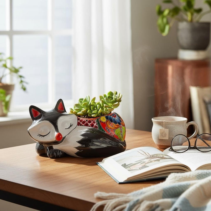 Cute Hand Painted Mexican Talavera Dark Gray Fox Animal Planter Pot (Varying Design)