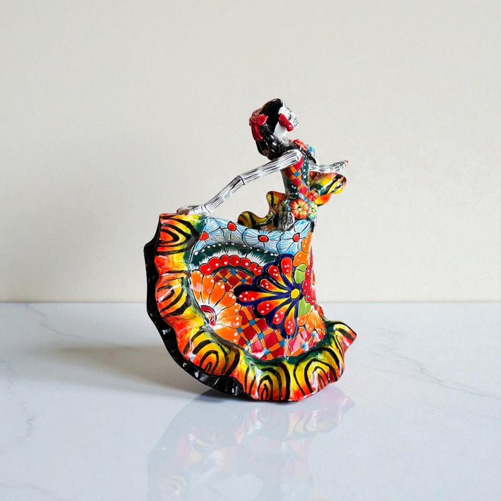 Small Handmade Talavera Catrina Figurine, Vibrant Dancing Skeleton in Folklórico Dress