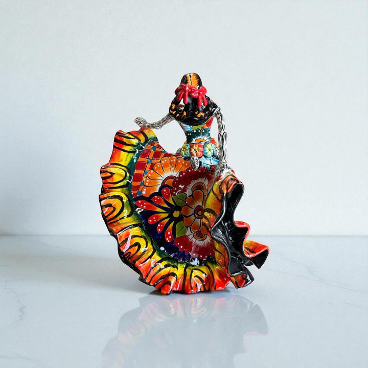 Small Handmade Talavera Catrina Figurine, Vibrant Dancing Skeleton in Folklórico Dress