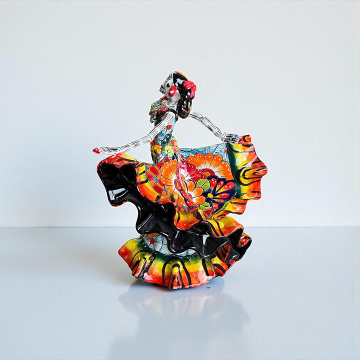 Small Handmade Talavera Catrina Figurine, Vibrant Dancing Skeleton in Folklórico Dress