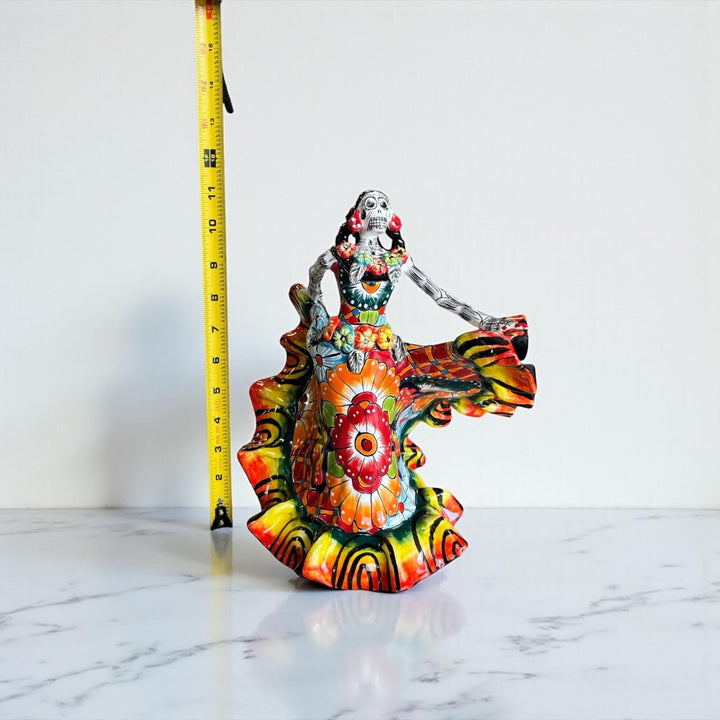 Small Handmade Talavera Catrina Figurine, Vibrant Dancing Skeleton in Folklórico Dress