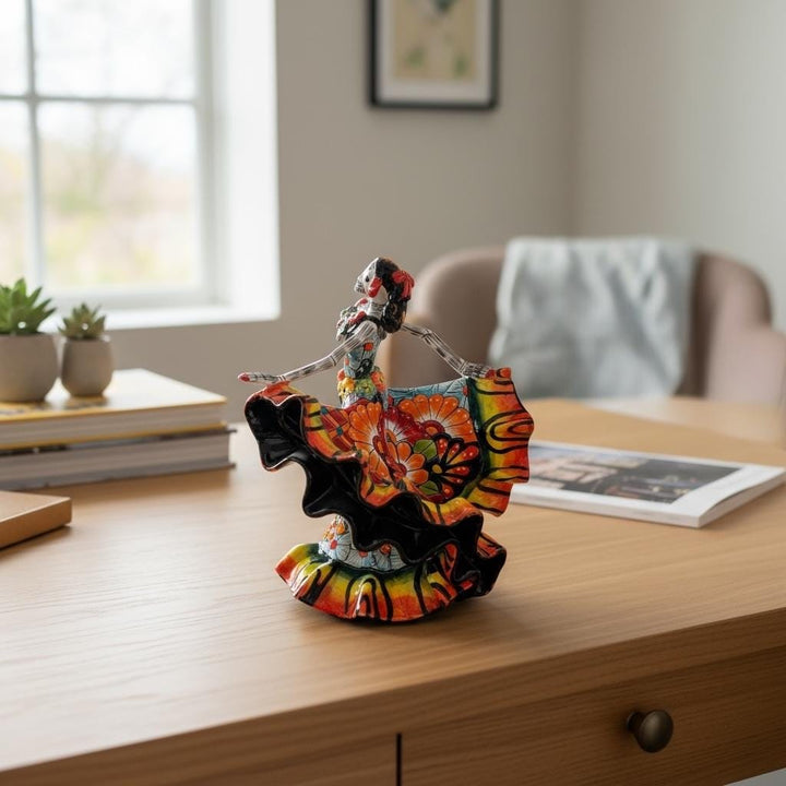 Small Handmade Talavera Catrina Figurine, Vibrant Dancing Skeleton in Folklórico Dress