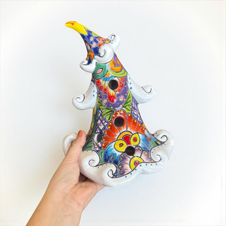 Hand Painted Talavera White Snowy Christmas Tree Luminary Decor