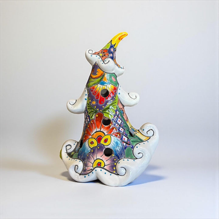 Hand Painted Talavera White Snowy Christmas Tree Luminary Decor