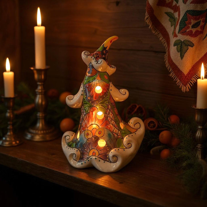 Hand Painted Talavera White Snowy Christmas Tree Luminary Decor