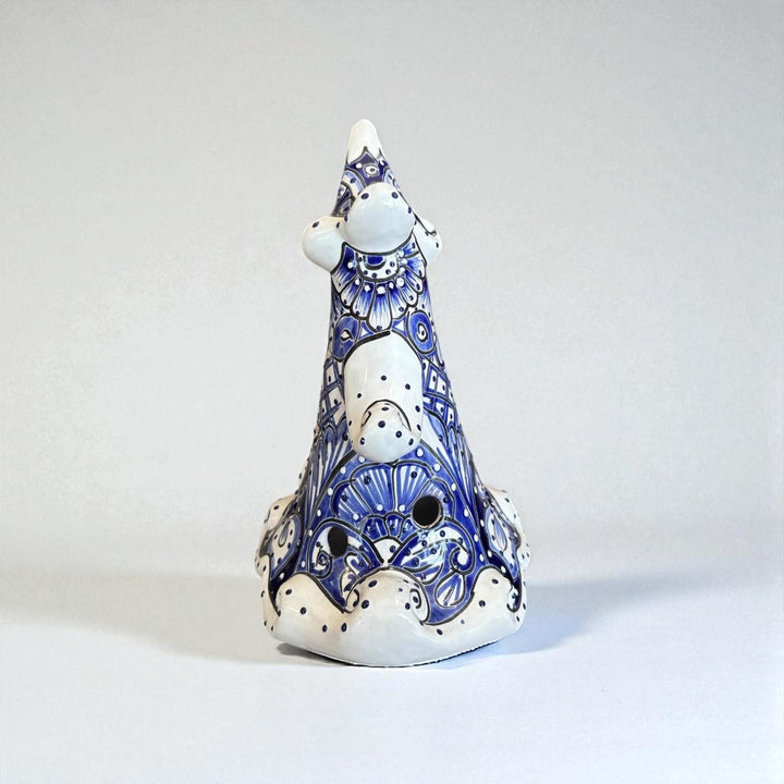 Hand Painted Talavera White & Blue Snowy Christmas Tree Luminary Decor