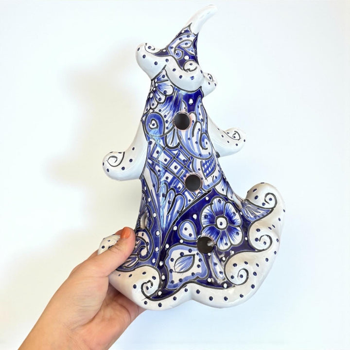 Hand Painted Talavera White & Blue Snowy Christmas Tree Luminary Decor