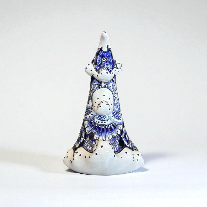 Hand Painted Talavera White & Blue Snowy Christmas Tree Luminary Decor