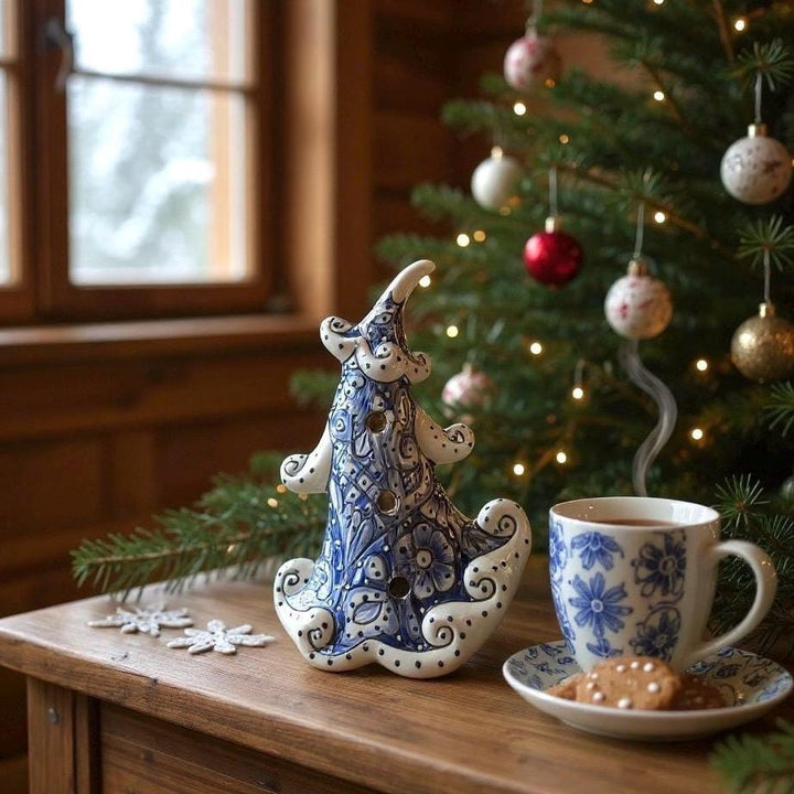 Hand Painted Talavera White & Blue Snowy Christmas Tree Luminary Decor