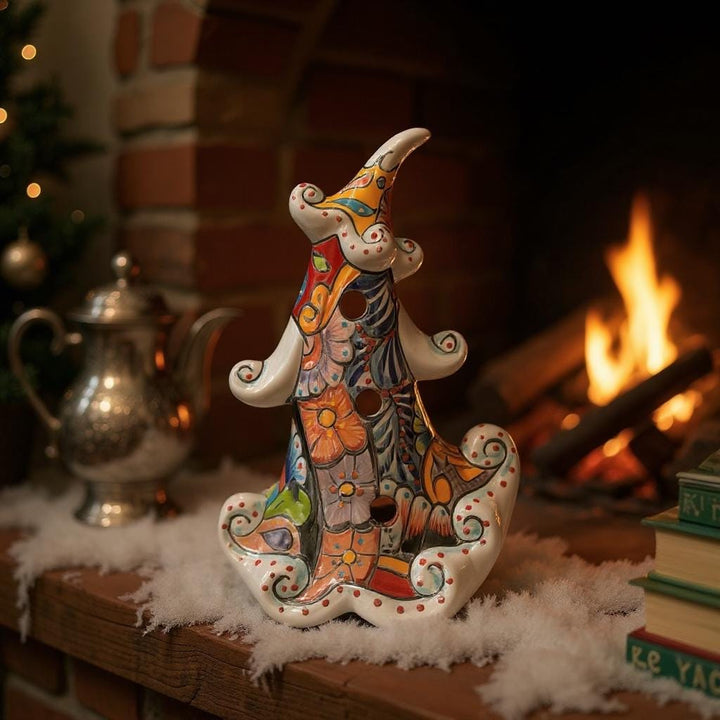 Hand Painted Talavera Snowy White Multicolor Christmas Tree Luminary Decor