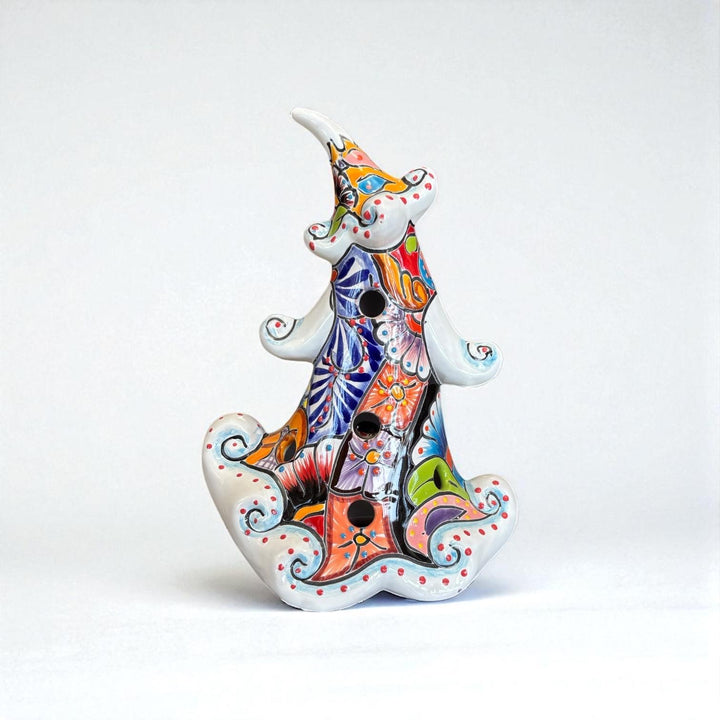 Hand Painted Talavera Snowy White Multicolor Christmas Tree Luminary Decor