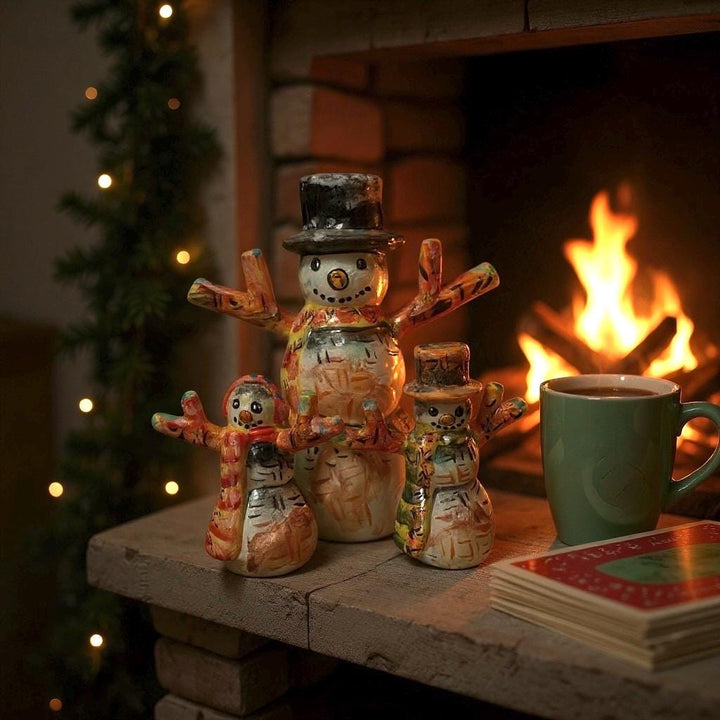 Hand Painted Mexican Talavera Christmas Snowman Family Decor