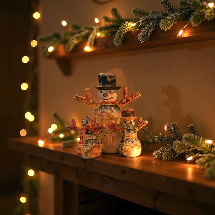 Hand Painted Mexican Talavera Christmas Snowman Family Decor