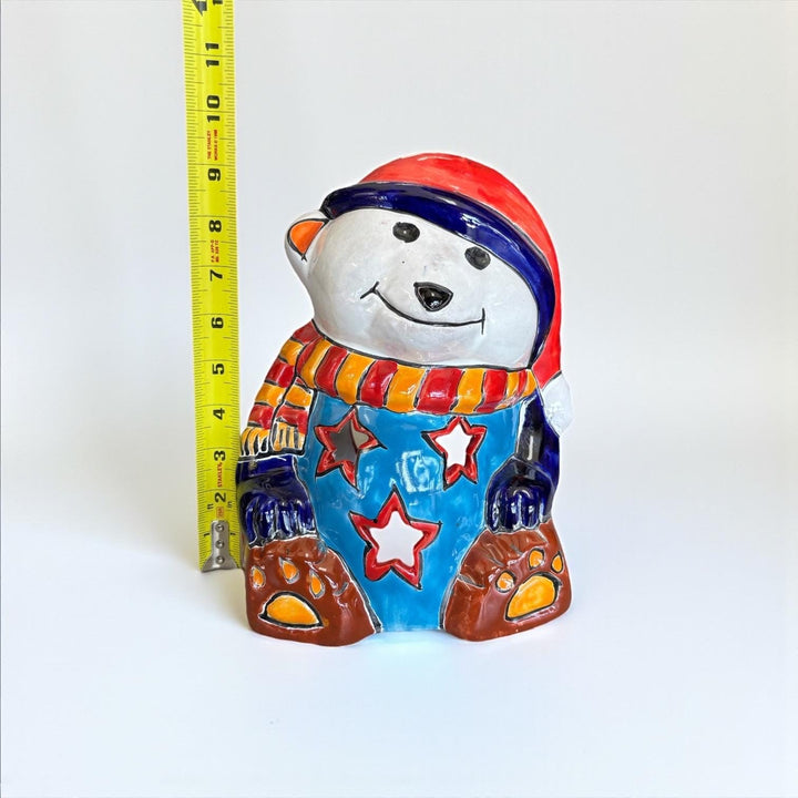 Hand Painted Talavera Cozy White Polar Bear Christmas Luminary Decor