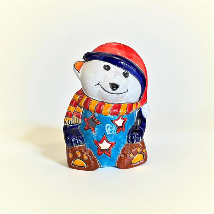 Hand Painted Talavera Cozy White Polar Bear Christmas Luminary Decor