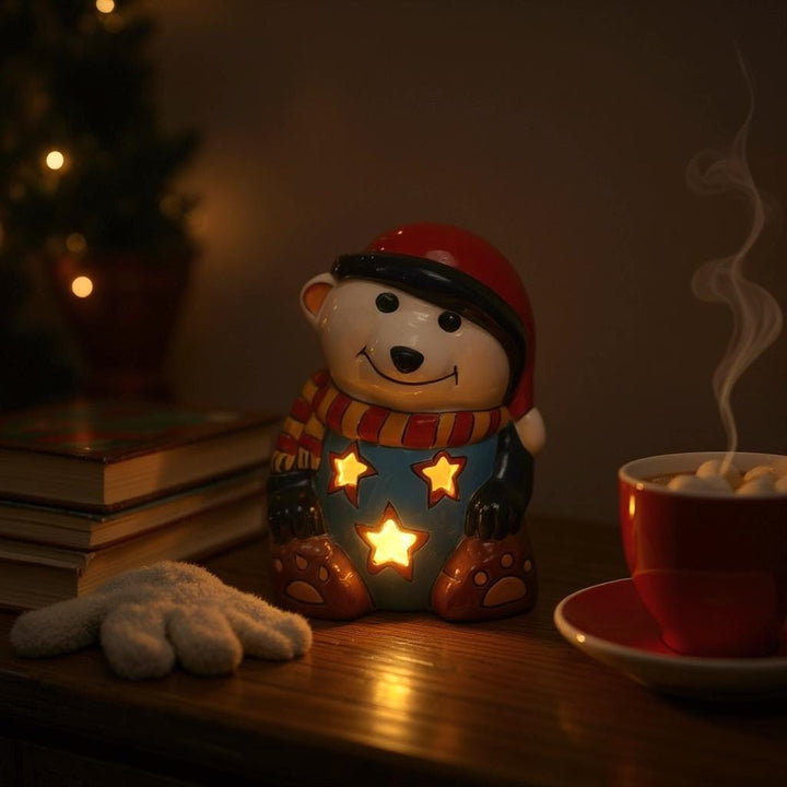 Hand Painted Talavera Cozy White Polar Bear Christmas Luminary Decor