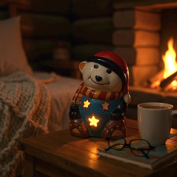 Hand Painted Talavera Cozy White Polar Bear Christmas Luminary Decor