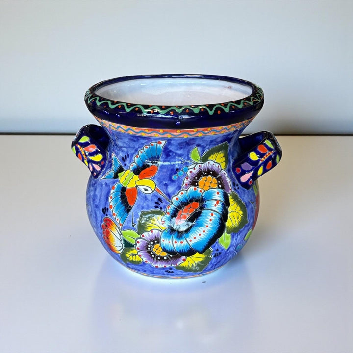 Handpainted Mexican Talavera Blue Floral Hummingbird Planter Pot with Handles – Free Shipping (Contiguous U.S)