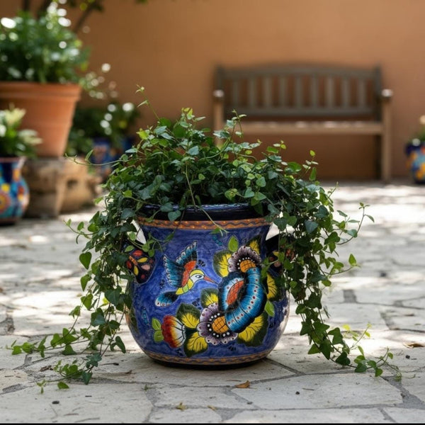 Handpainted Mexican Talavera Blue Floral Hummingbird Planter Pot with Handles – Free Shipping (Contiguous U.S)