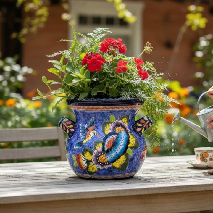Handpainted Mexican Talavera Blue Floral Hummingbird Planter Pot with Handles – Free Shipping (Contiguous U.S)