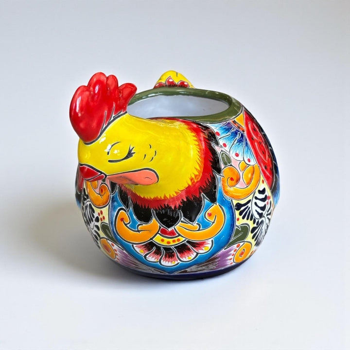 Beautiful Hand Painted Mexican Talavera Sleeping Yellow Chicken Hen Planter Pot