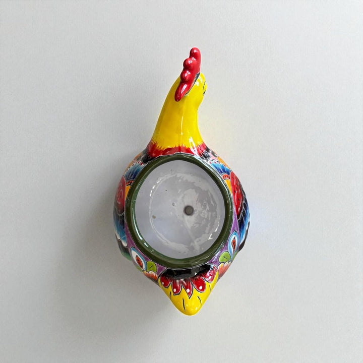 Beautiful Hand Painted Mexican Talavera Sleeping Yellow Chicken Hen Planter Pot