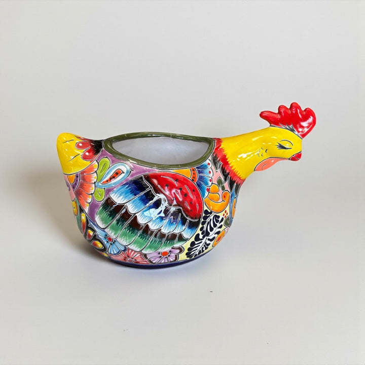 Beautiful Hand Painted Mexican Talavera Sleeping Yellow Chicken Hen Planter Pot