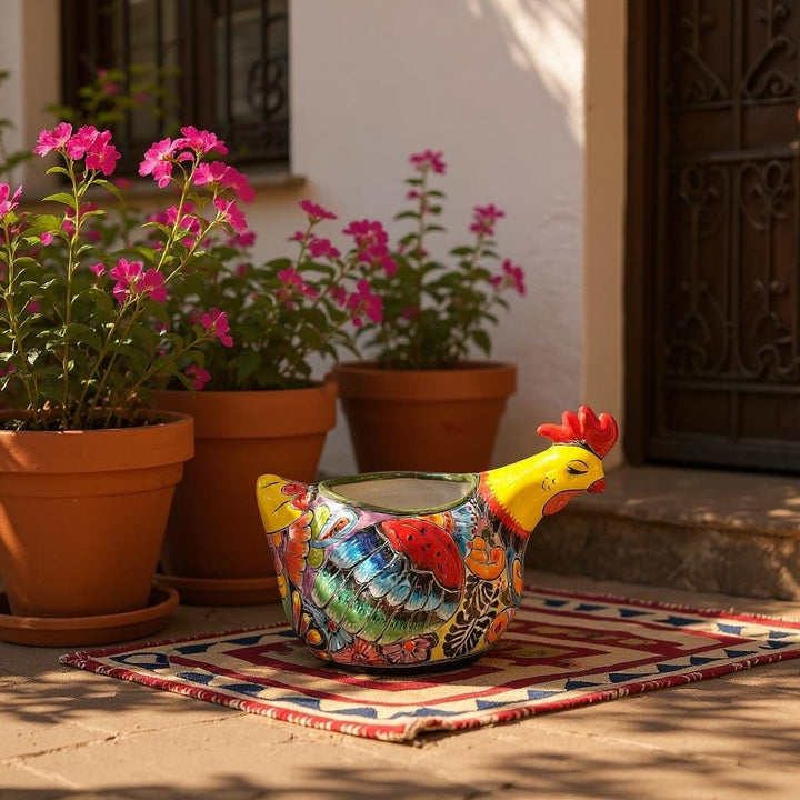 Beautiful Hand Painted Mexican Talavera Sleeping Yellow Chicken Hen Planter Pot