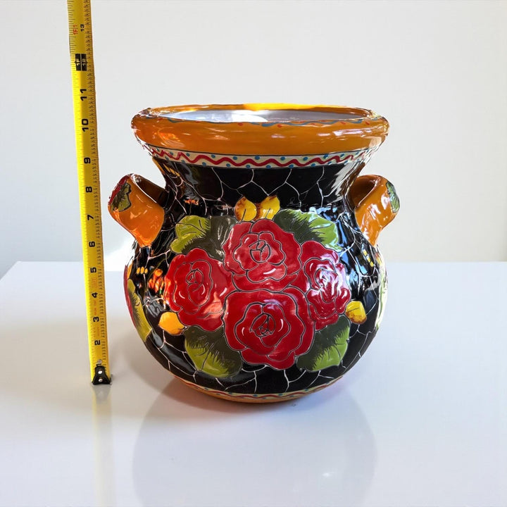 Handpainted Mexican Talavera Roses Black Planter Pot with Handles – Free Shipping (Contiguous U.S)