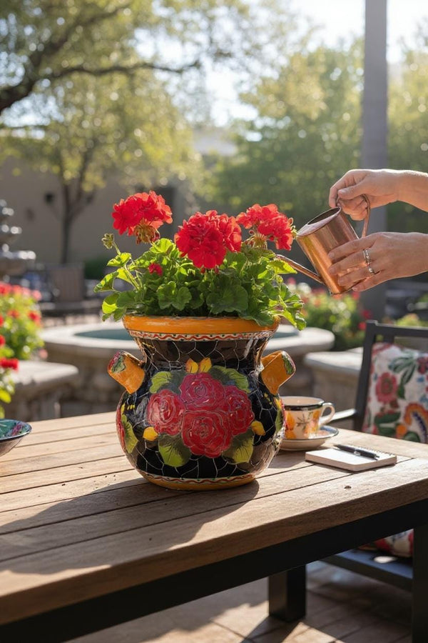 Handpainted Mexican Talavera Roses Black Planter Pot with Handles – Free Shipping (Contiguous U.S)