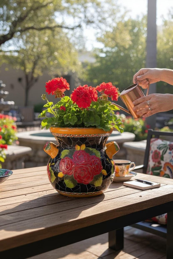 Handpainted Mexican Talavera Roses Black Planter Pot with Handles – Free Shipping (Contiguous U.S)