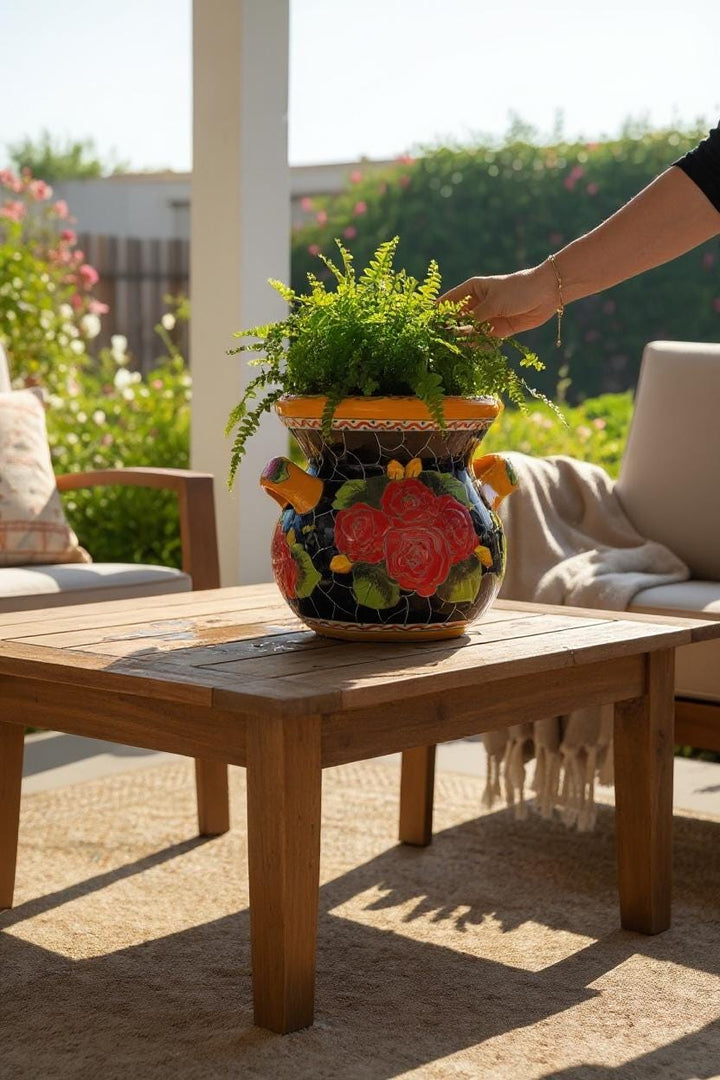 Handpainted Mexican Talavera Roses Black Planter Pot with Handles – Free Shipping (Contiguous U.S)