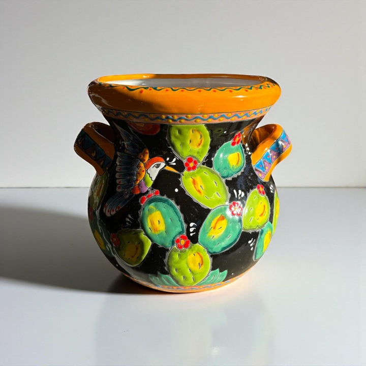 Handpainted Mexican Talavera Cactus Hummingbird Black Planter Pot with Handles – Free Shipping (Contiguous U.S)