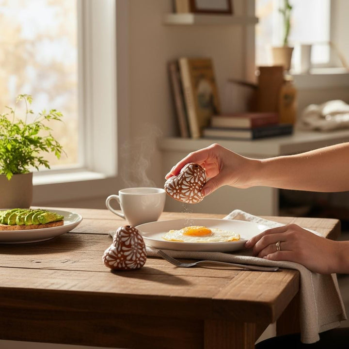 Hand Painted Mexican Talavera Brown and White Heart Salt & Pepper Shaker Set