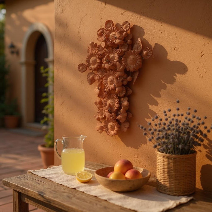 Handmade Mexican Clay Cross Decorated with Butterflies & Sunflowers