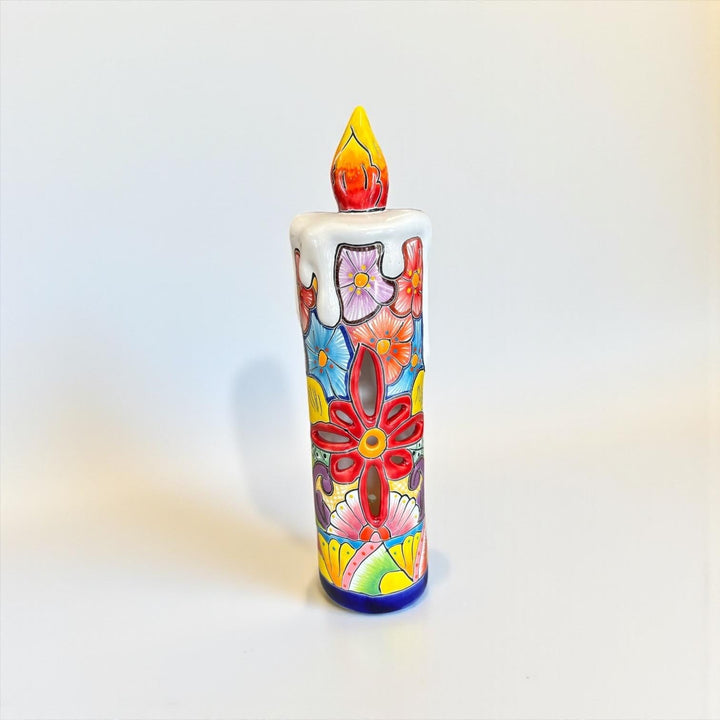 Hand Painted Mexican Talavera Snowy Candle Christmas Luminary Decor